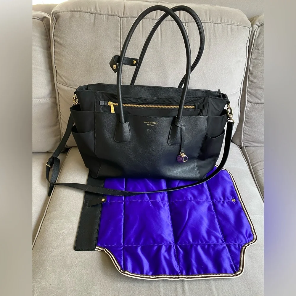 Henri Bendel Diaper Bag great work bag for laptop black leather purple interior - Picture 3 of 8